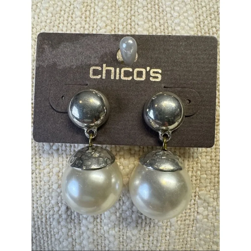 0018 Chico's‎ Silver-Tone & Pearl Drop Earrings